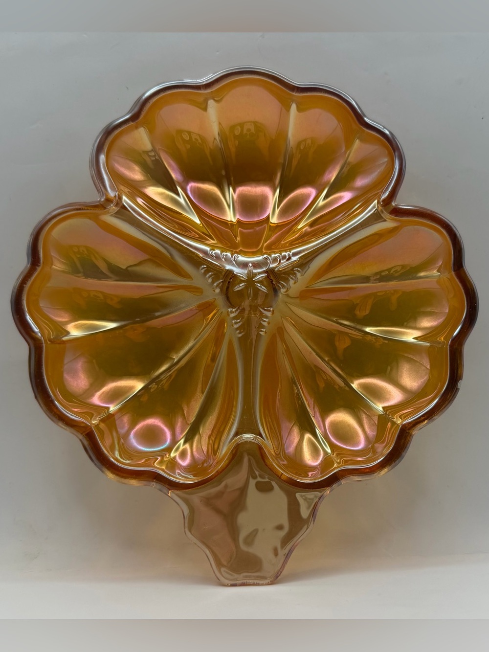 Vintage Jeannette Glass Marigold Carnival Glass 3-Leaf Clover Divided Dish